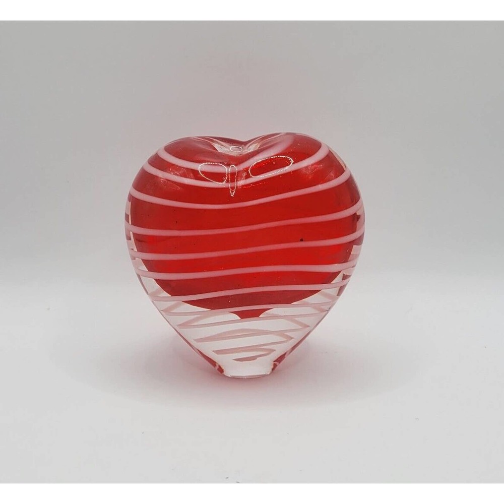 Vintage Heart Shape Red & White Striped Hand Blown Art Glass Paperweight Vase